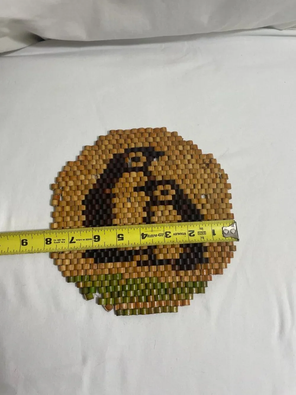 Vintage Wooden Beaded Trivet Hot Pad Pot Holder Penguin Design Round 8